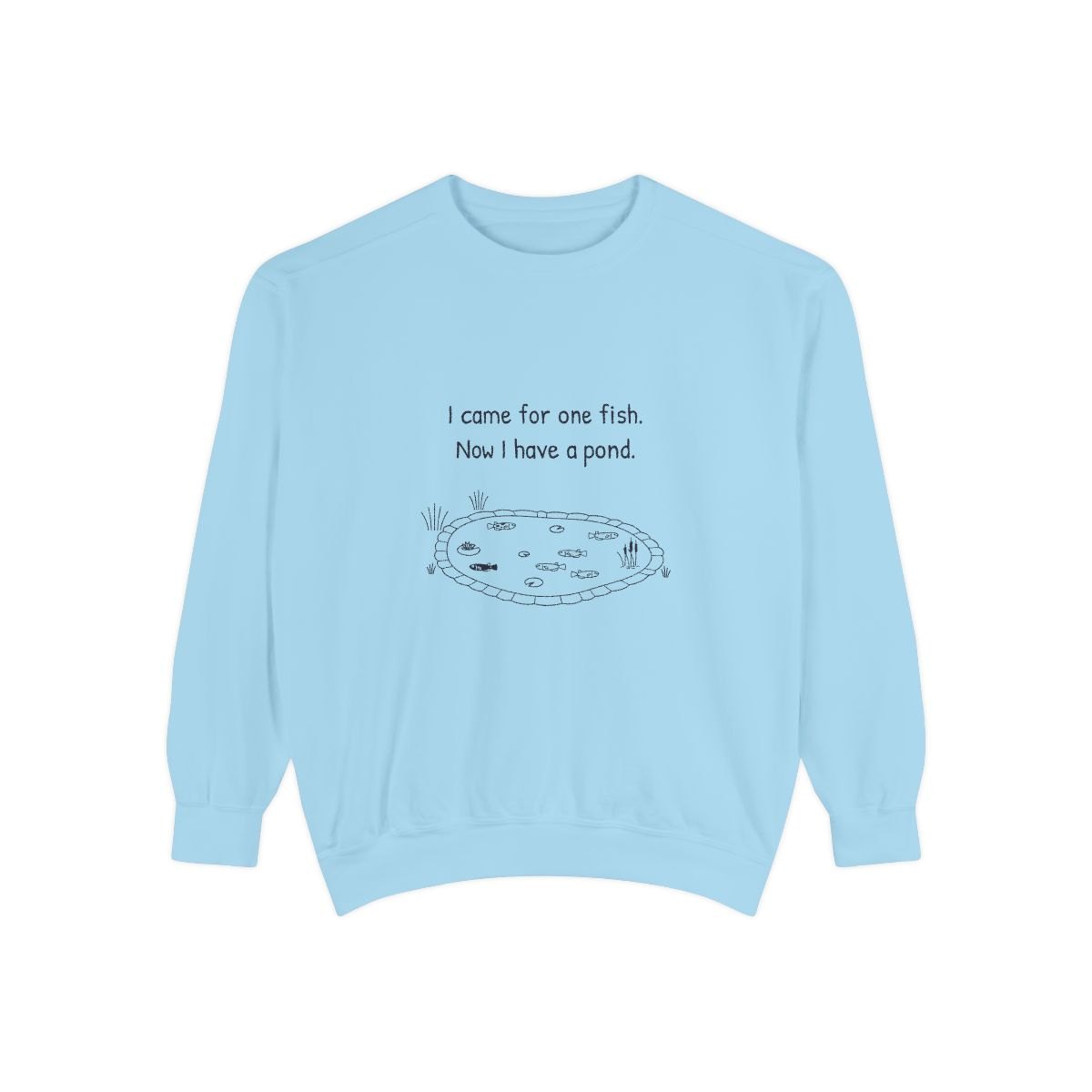 I came for one fish, now I have a pond premium crewneck sweatshirt in Chambray, front view with the navy hand-drawn pond and six medaka