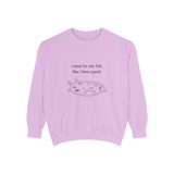 I came for one fish, now I have a pond premium crewneck sweatshirt in Orchid, front view with the navy hand-drawn pond and six medaka