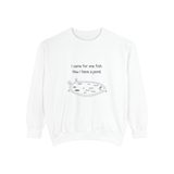 I came for one fish, now I have a pond premium crewneck sweatshirt in White, front view with the navy hand-drawn pond and six medaka