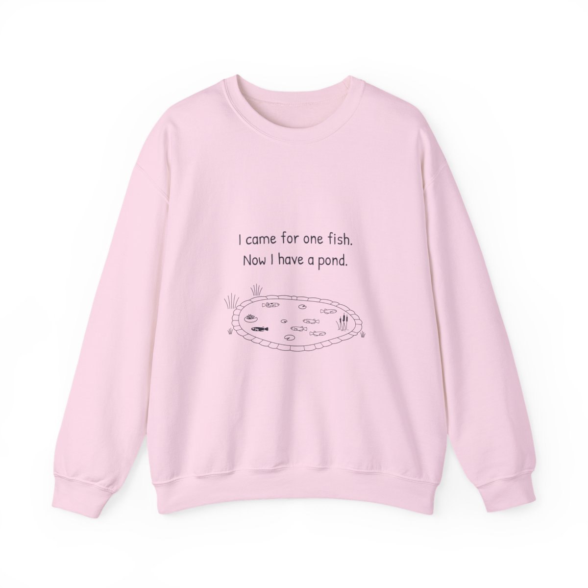 I came for one fish, now I have a pond crewneck sweatshirt in Light Pink, front view with the navy hand-drawn pond and six medaka