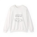 I came for one fish, now I have a pond crewneck sweatshirt in White, front view with the navy hand-drawn pond and six medaka