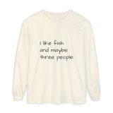 I like fish and maybe three people long sleeve tee in Ivory, front view with the black handwritten print