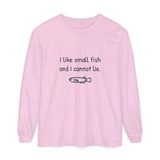 I like small fish and I cannot lie long sleeve tee in Blossom, front view with the navy print and one hand-drawn medaka