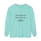 I like small fish and I cannot lie long sleeve tee in Chalky Mint, front view with the navy print and one hand-drawn medaka