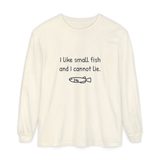 I like small fish and I cannot lie long sleeve tee in Ivory, front view with the navy print and one hand-drawn medaka