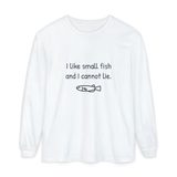 I like small fish and I cannot lie long sleeve tee in White, front view with the navy print and one hand-drawn medaka
