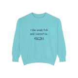 I like small fish and I cannot lie premium crewneck sweatshirt in Chalky Mint, front view with the navy print and one hand-drawn medaka