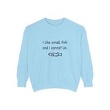I like small fish and I cannot lie premium crewneck sweatshirt in Chambray, front view with the navy print and one hand-drawn medaka