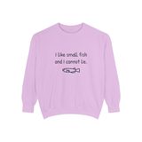 I like small fish and I cannot lie premium crewneck sweatshirt in Orchid, front view with the navy print and one hand-drawn medaka
