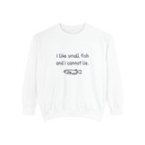 I like small fish and I cannot lie premium crewneck sweatshirt in White, front view with the navy print and one hand-drawn medaka