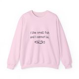 I like small fish and I cannot lie crewneck sweatshirt in Light Pink, front view with the navy print and one hand-drawn medaka