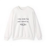 I like small fish and I cannot lie crewneck sweatshirt in White, front view with the navy print and one hand-drawn medaka