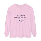 Life is better when you own fish long sleeve tee in Blossom, front view with the navy print and a small hand-drawn medaka