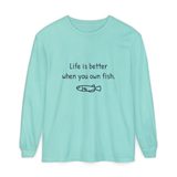 Life is better when you own fish long sleeve tee in Chalky Mint, front view with the navy print and a small hand-drawn medaka
