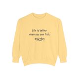 Life is better when you own fish premium crewneck sweatshirt in Butter, front view with the navy print and a small hand-drawn medaka
