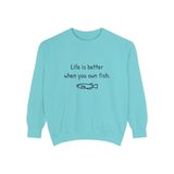 Life is better when you own fish premium crewneck sweatshirt in Chalky Mint, front view with the navy print and a small hand-drawn medaka