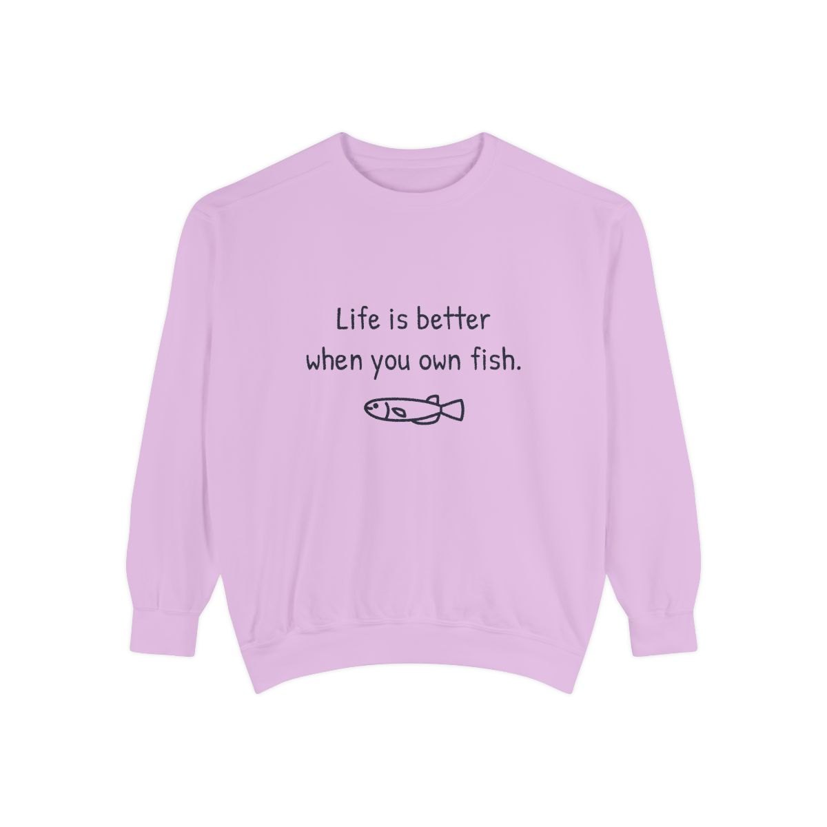 Life is better when you own fish premium crewneck sweatshirt in Orchid, front view with the navy print and a small hand-drawn medaka