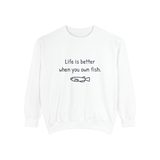 Life is better when you own fish premium crewneck sweatshirt in White, front view with the navy print and a small hand-drawn medaka
