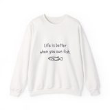 Life is better when you own fish crewneck sweatshirt in White, front view with the navy print and a small hand-drawn medaka