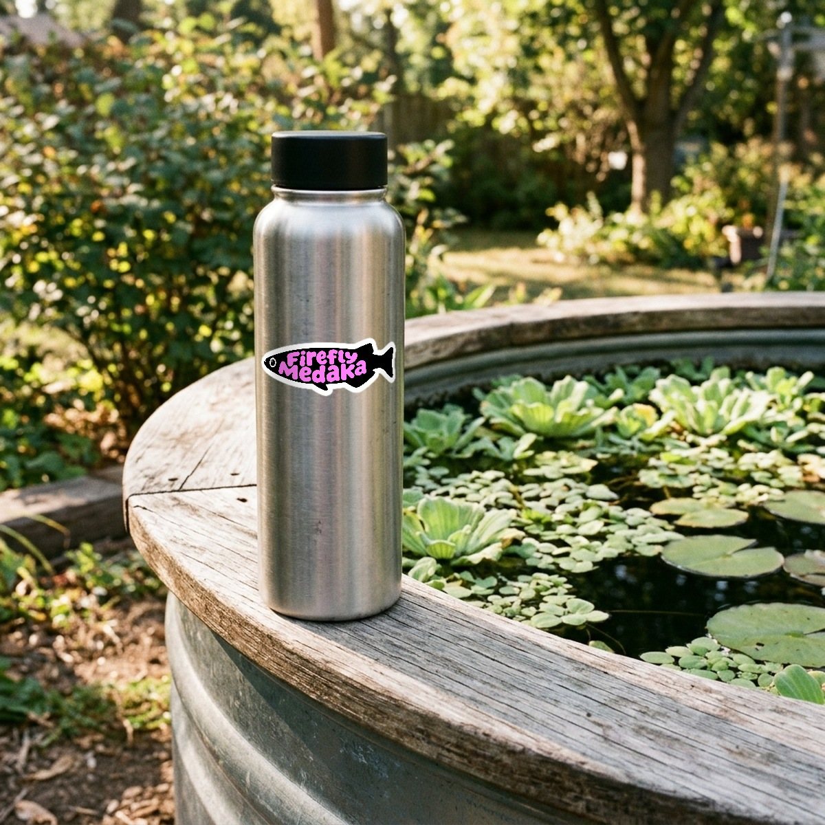 Firefly Medaka kiss-cut vinyl logo decal on a stainless steel water bottle standing on the rim of a backyard stock tank pond