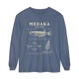 Medaka field guide long sleeve tee in Blue Jean, front view with the life cycle plate from egg to adult