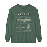 Medaka field guide long sleeve tee in Blue Spruce, front view with the life cycle plate from egg to adult