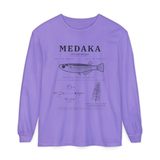 Medaka field guide long sleeve tee in Violet, front view with the life cycle plate from egg to adult