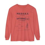 Medaka field guide long sleeve tee in Watermelon, front view with the life cycle plate from egg to adult