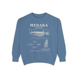 Medaka field guide premium crewneck sweatshirt in Blue Jean, front view with the life cycle plate from egg to adult