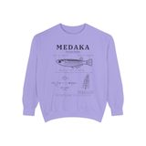 Medaka field guide premium crewneck sweatshirt in Violet, front view with the life cycle plate from egg to adult