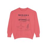 Medaka field guide premium crewneck sweatshirt in Watermelon, front view with the life cycle plate from egg to adult