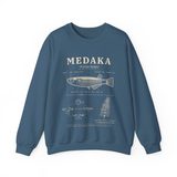Medaka field guide crewneck sweatshirt in Indigo Blue, front view with the life cycle plate from egg to adult