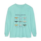 Medaka strains field chart long sleeve tee in Chalky Mint, front view with eight labeled medaka lines around a wild type
