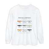 Medaka strains field chart long sleeve tee in White, front view with eight labeled medaka lines around a wild type