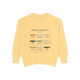 Medaka strains field chart premium crewneck sweatshirt in Butter, front view with eight labeled medaka lines around a wild type