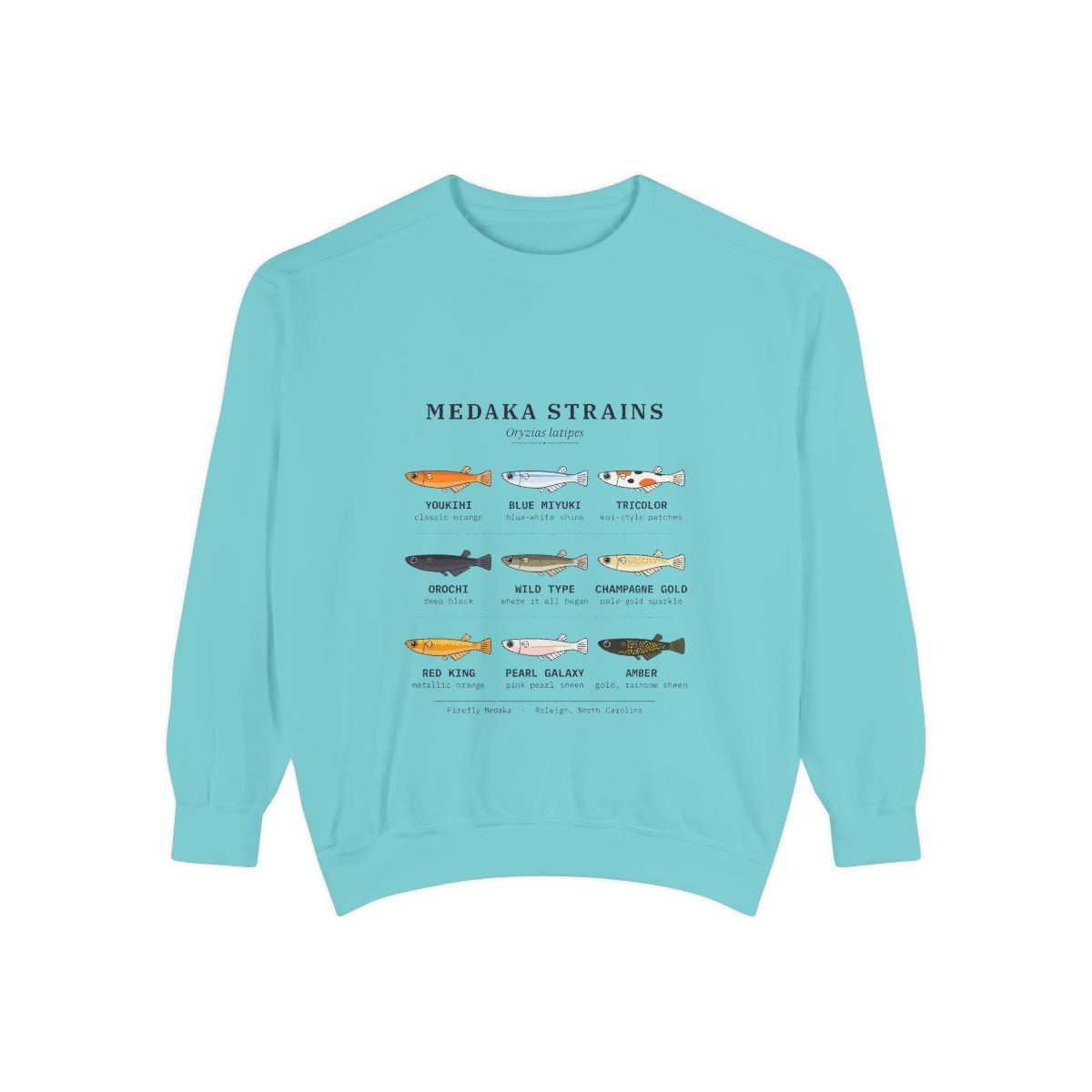 Medaka strains field chart premium crewneck sweatshirt in Chalky Mint, front view with eight labeled medaka lines around a wild type