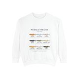 Medaka strains field chart premium crewneck sweatshirt in White, front view with eight labeled medaka lines around a wild type