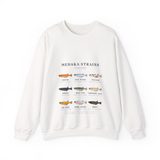 Medaka strains field chart crewneck sweatshirt in White, front view with eight labeled medaka lines around a wild type