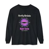 Night Swim medaka long sleeve tee in Black, front view with three medaka in a pink and violet halftone glow ringed by fireflies
