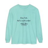Rice fish, not a sushi order long sleeve tee in Chalky Mint, front view with the navy print and one unimpressed hand-drawn medaka