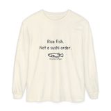 Rice fish, not a sushi order long sleeve tee in Ivory, front view with the navy print and one unimpressed hand-drawn medaka