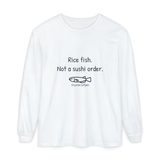 Rice fish, not a sushi order long sleeve tee in White, front view with the navy print and one unimpressed hand-drawn medaka