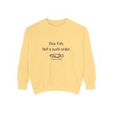 Rice fish, not a sushi order premium crewneck sweatshirt in Butter, front view with the navy print and one unimpressed hand-drawn medaka