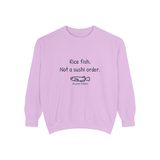 Rice fish, not a sushi order premium crewneck sweatshirt in Orchid, front view with the navy print and one unimpressed hand-drawn medaka