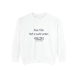 Rice fish, not a sushi order premium crewneck sweatshirt in White, front view with the navy print and one unimpressed hand-drawn medaka