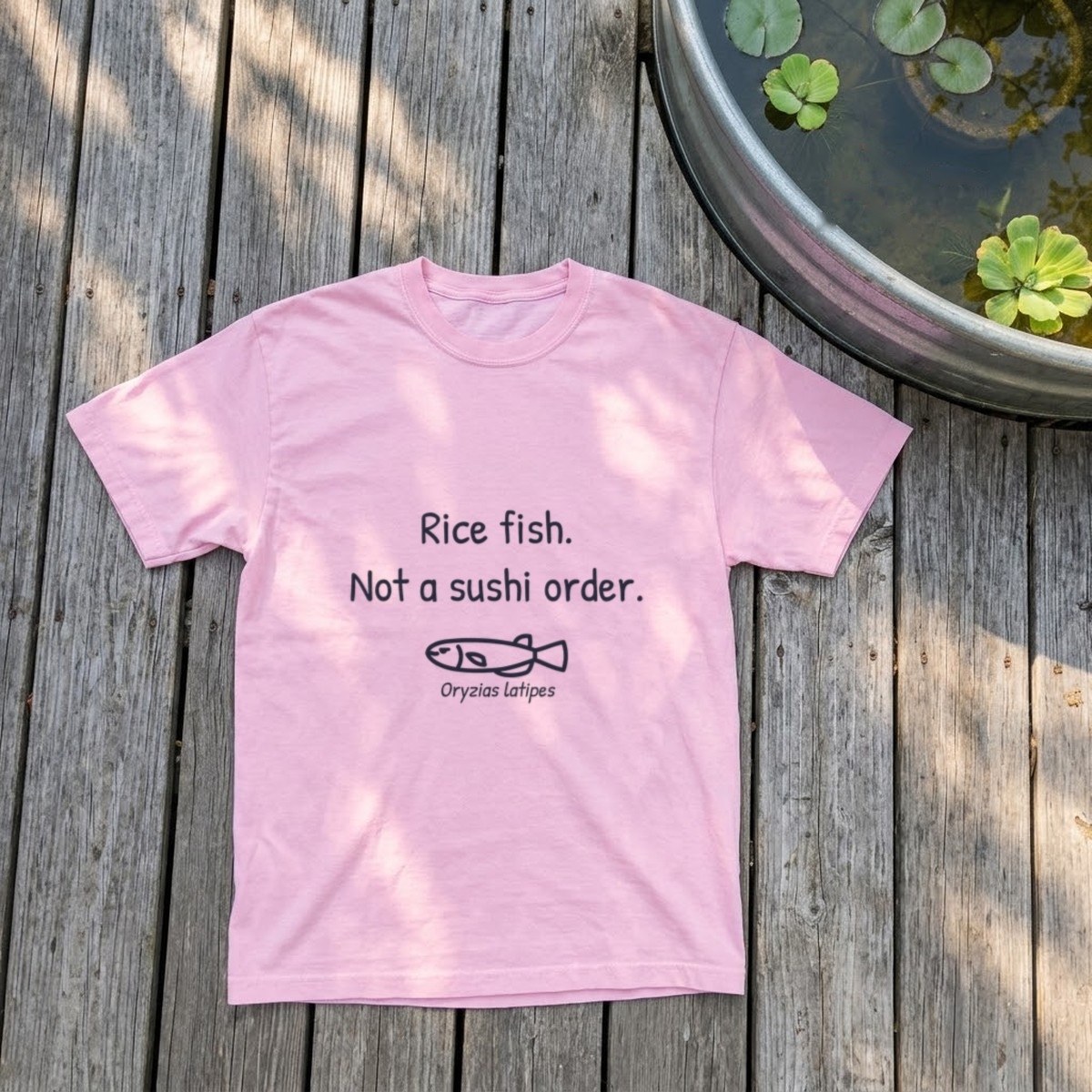 Rice fish, not a sushi order t-shirt in blossom pink laid flat on weathered wooden deck boards beside a backyard stock tank pond with lily pads, water lettuce, and a few orange, white, and yellow medaka