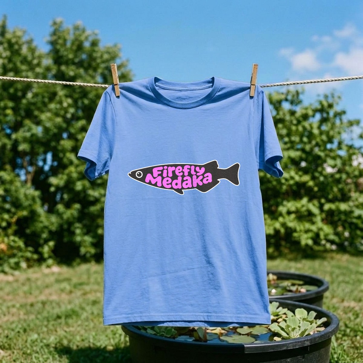 Firefly Medaka logo softstyle t-shirt in Carolina blue on a backyard clothesline above outdoor water lily tubs